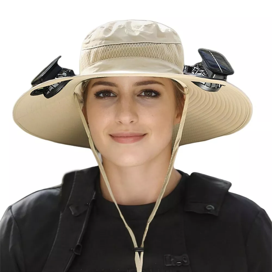 Outdoor Wide Brim Sun Hat with 2 Solar Fan UV Protection Hiking Camping Fishing