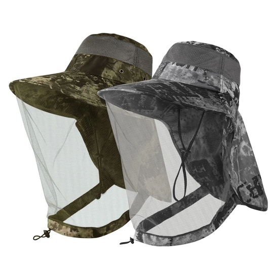 Wide Brim Mosquito Head Net Sun Hat with Neck Flap for Fishing Hiking Men Women