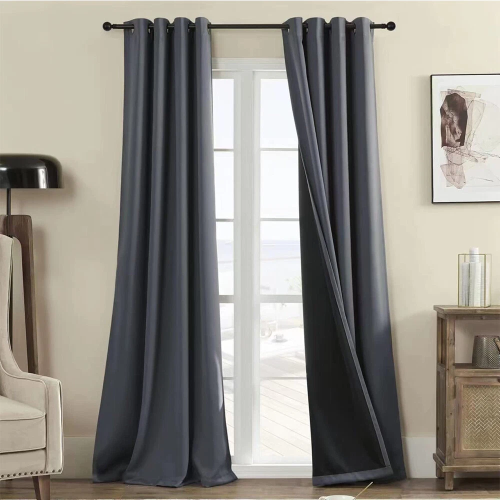 100% Blackout Window Curtain Panels, Sound & Full Light Blocking Drapes with Black Liner for Bedroom, 52" x 84" Thermal Insulated Draperies with Metal Grommets
