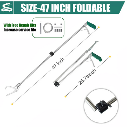 Heavy Duty Snake Tongs, Fixed / Foldable Reptile Grabber, Stainless Steel Catcher with Lock & Wide Jaw, Professional Rattle Handling Tool