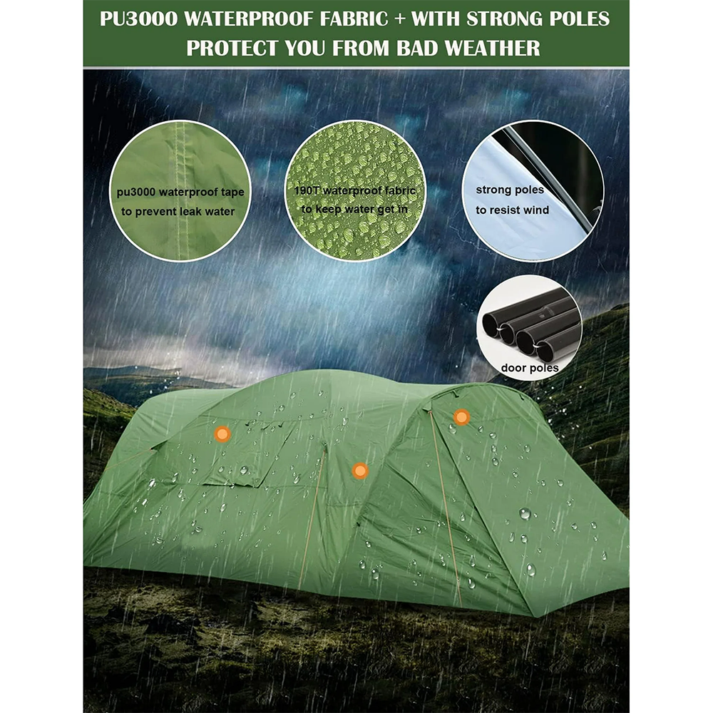 6-8 Person Camping Tent, 2 IN 1 Double Layer Design, Big Family Cabin Tent with 2 Porches, Waterproof