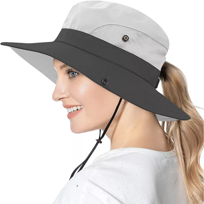 Women's Wide Brim Sun Hat with Ponytail Hole, Neck Flap UV Protection Bucket Cap