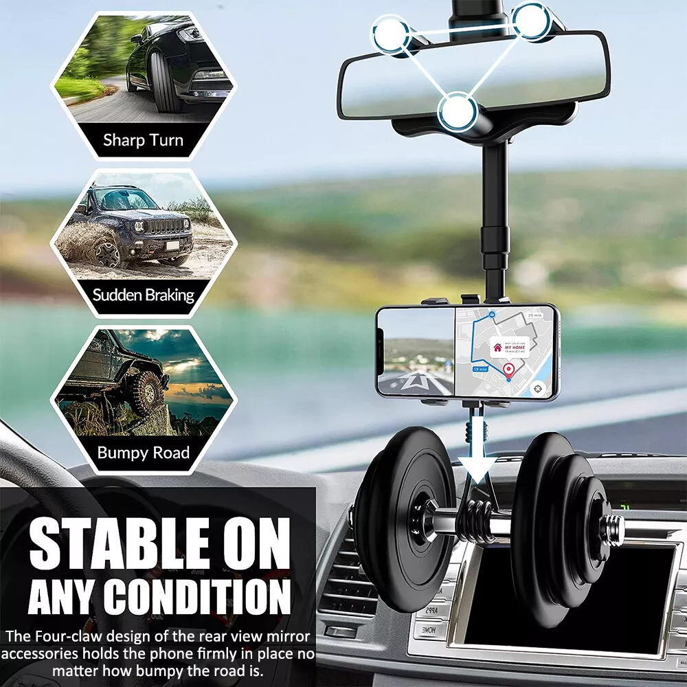 Car Rearview Mirror Phone Holder, 360° Rotating Rear View Mount for 3-7” Cellphones