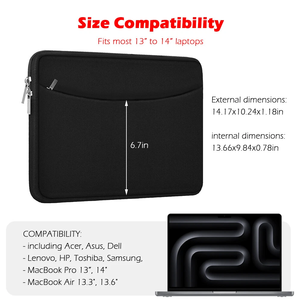 13-14" Laptop Sleeve Case, Soft Slim Protective Cover for MacBook Air/Pro, Dell, HP, Lenovo, Chromebook