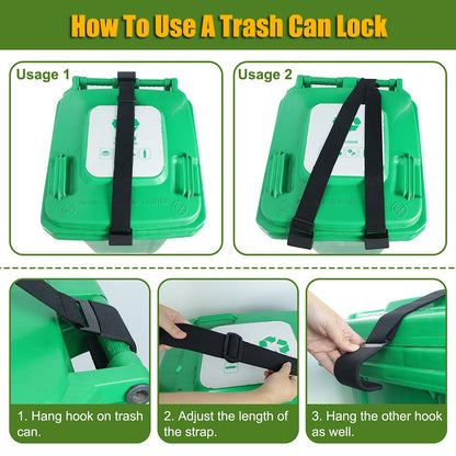2 Pack Trash Can Lock Straps, Adjustable 30-68" Universal Fit 28-96 Gallons Trash Bin Garbage Can Lip Lock, Prevents Animals from Rummaging