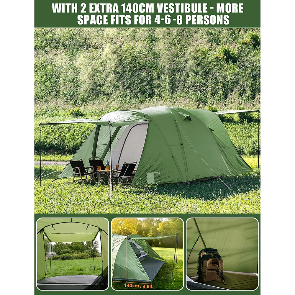 6-8 Person Camping Tent, 2 IN 1 Double Layer Design, Big Family Cabin Tent with 2 Porches, Waterproof