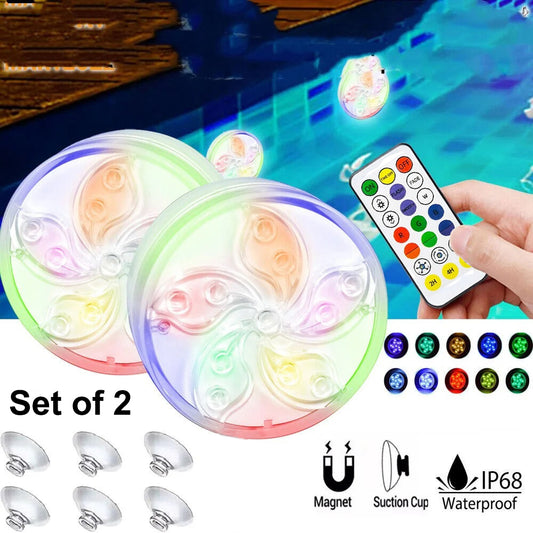 Set of 2 Pool Lights, IP68 Waterproof Magnetic Underwater Floating Lights with Remote Control, 16 Color Changing Swimming Pool Lights, Battery Operated