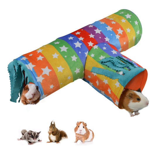 Guinea Pig Hideout Tunnel, Collapsible 3 Way Hamster Play Tubes with Fleece Forest Curtain