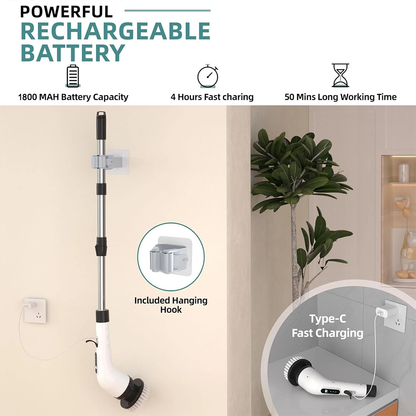 8-IN-1 Electric Spin Scrubber, Variable Speed Cordless Power Cleaning Brush, Rechargeable Cleaner, Adjustable Length, LED Indicator