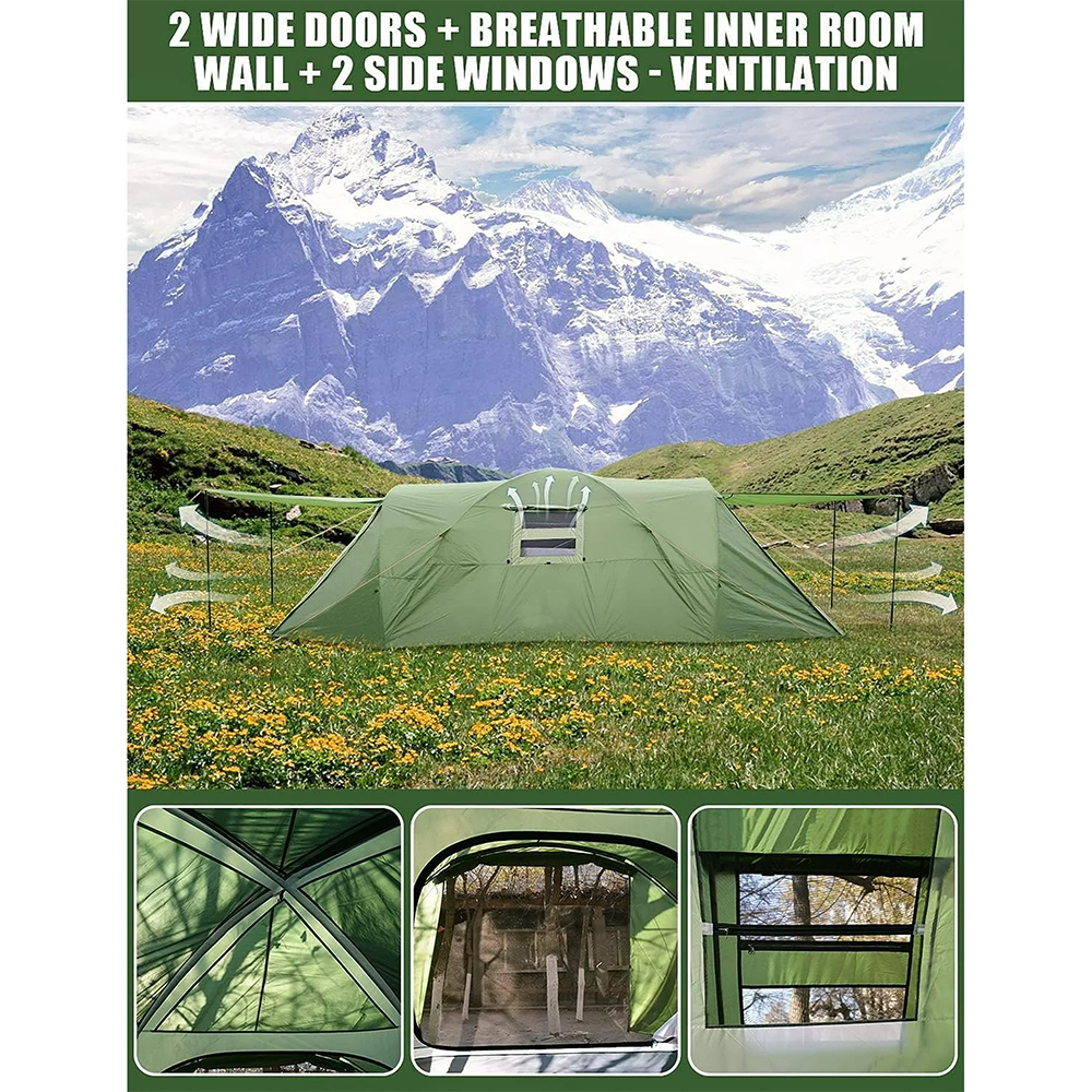 6-8 Person Camping Tent, 2 IN 1 Double Layer Design, Big Family Cabin Tent with 2 Porches, Waterproof