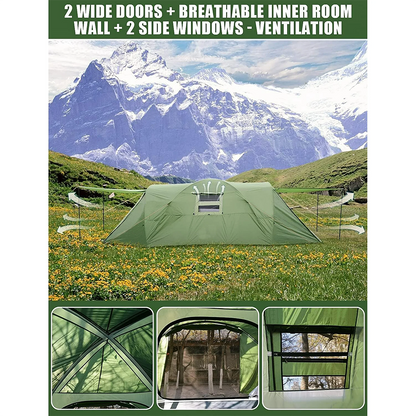 6-8 Person Camping Tent, 2 IN 1 Double Layer Design, Big Family Cabin Tent with 2 Porches, Waterproof