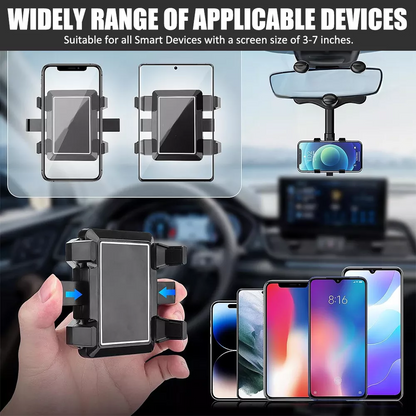 Car Rearview Mirror Phone Holder, 360° Rotating Rear View Mount for 3-7” Cellphones