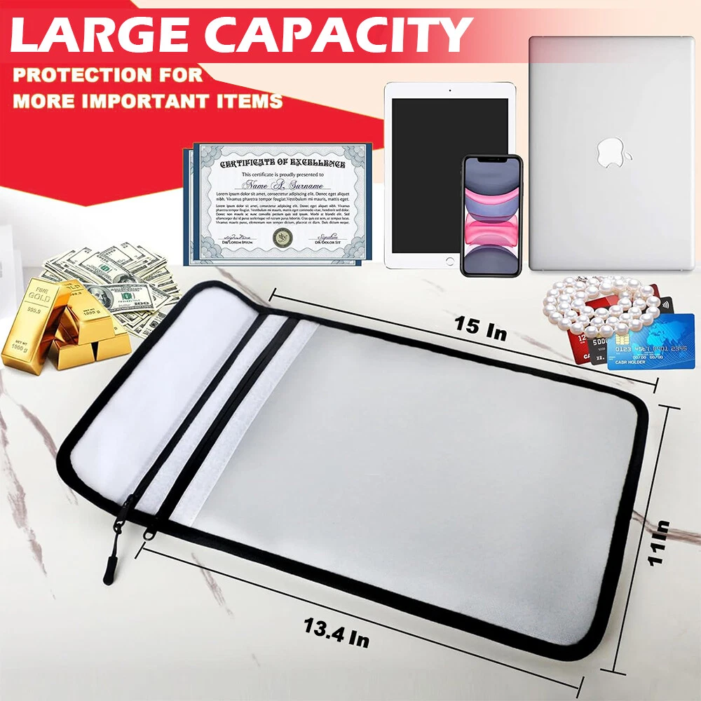 15" x 11" Fireproof Document Bag (2000℉) with Two Pockets, Zipper & High-Visibility Reflective Strip