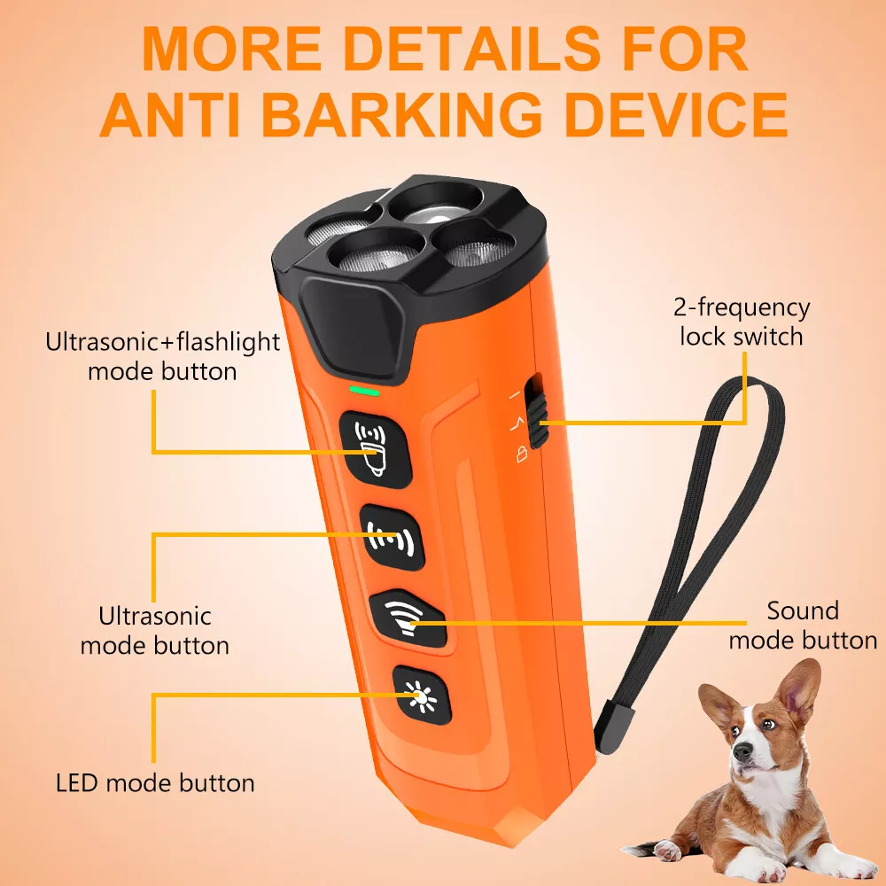 Ultrasonic Dog Bark Deterrent Device, Rechargeable Anti Barking Training Tool for Dogs with 3 Modes & LED Light