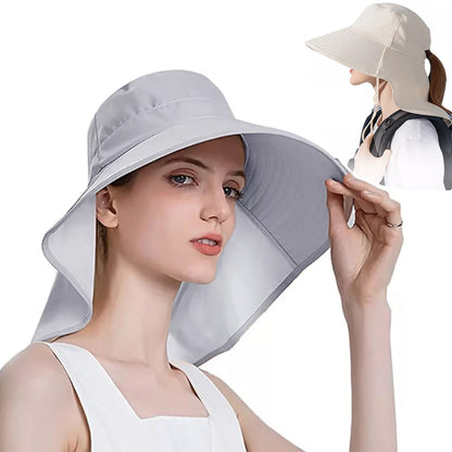 Women Sun Hat Summer Wide Brim Neck Flap Ponytail Hole UV Protection