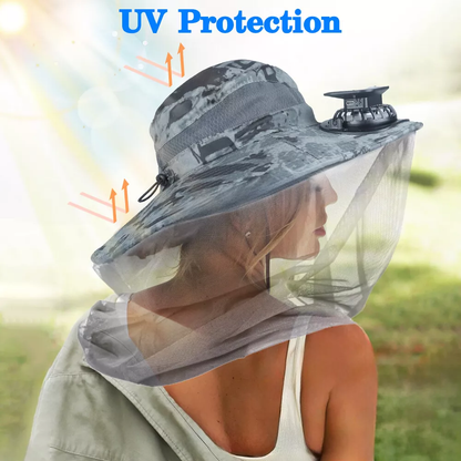 Wide Brim Solar Fan Outdoor Fishing Hat With 2 Solar Fan Mosquito Head Face Net