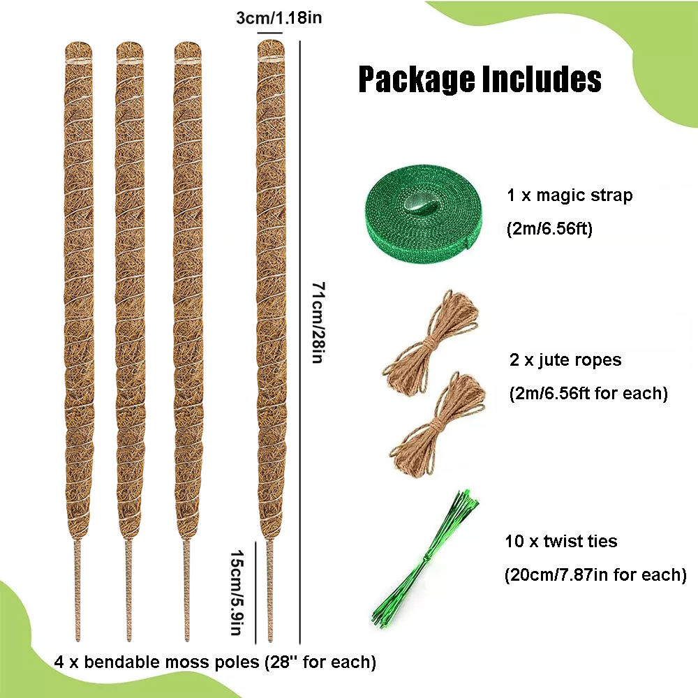 28” Bendable Moss Poles (Set of 4) for Monstera, Coir Support Stakes for Climbing Plants Indoor