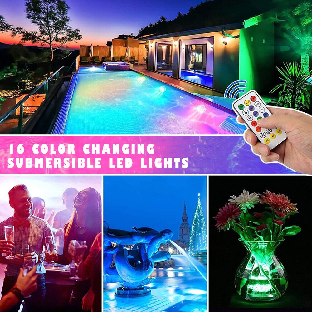 Set of 2 Pool Lights, IP68 Waterproof Magnetic Underwater Floating Lights with Remote Control, 16 Color Changing Swimming Pool Lights, Battery Operated