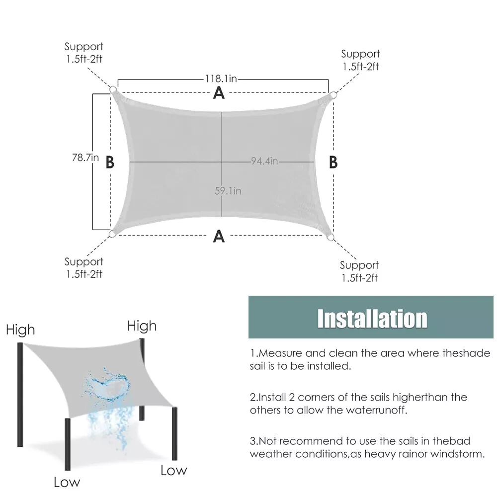 Rectangle/Square Waterproof Shade Sail Patio Awning Outdoor Garden Pool Sun Canopy Shelter Cover
