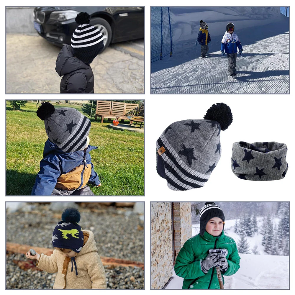 Kids Winter Knitted Hat Warm With Ear Flap Beanie Scarf Set Boys Girls Fleece