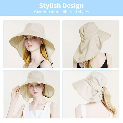 Women Sun Hat Summer Wide Brim Neck Flap Ponytail Hole UV Protection