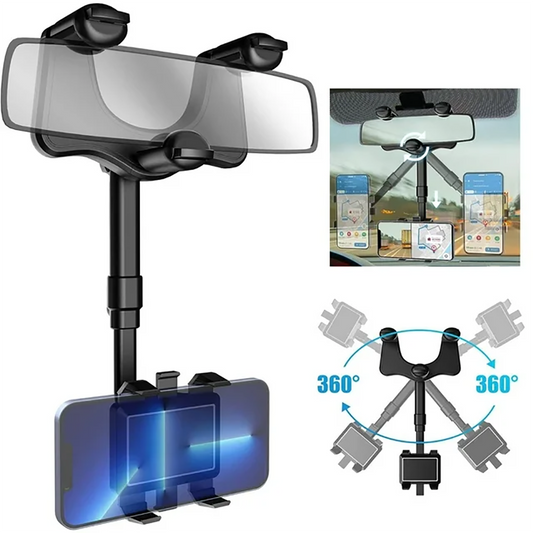 Car Rearview Mirror Phone Holder, 360° Rotating Rear View Mount for 3-7” Cellphones