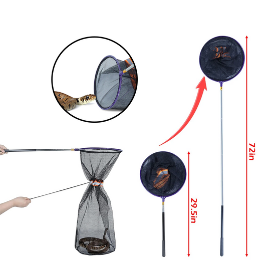 Snake Catcher Net, Retractable Reptile Handling Tool, Telescopic Pole, Strong Mesh, Rubber Handle