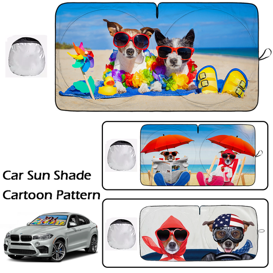 Foldable Car Sun Shade with Dog Printing, Windshield Sunshade, UV Ray & Heat Reduction