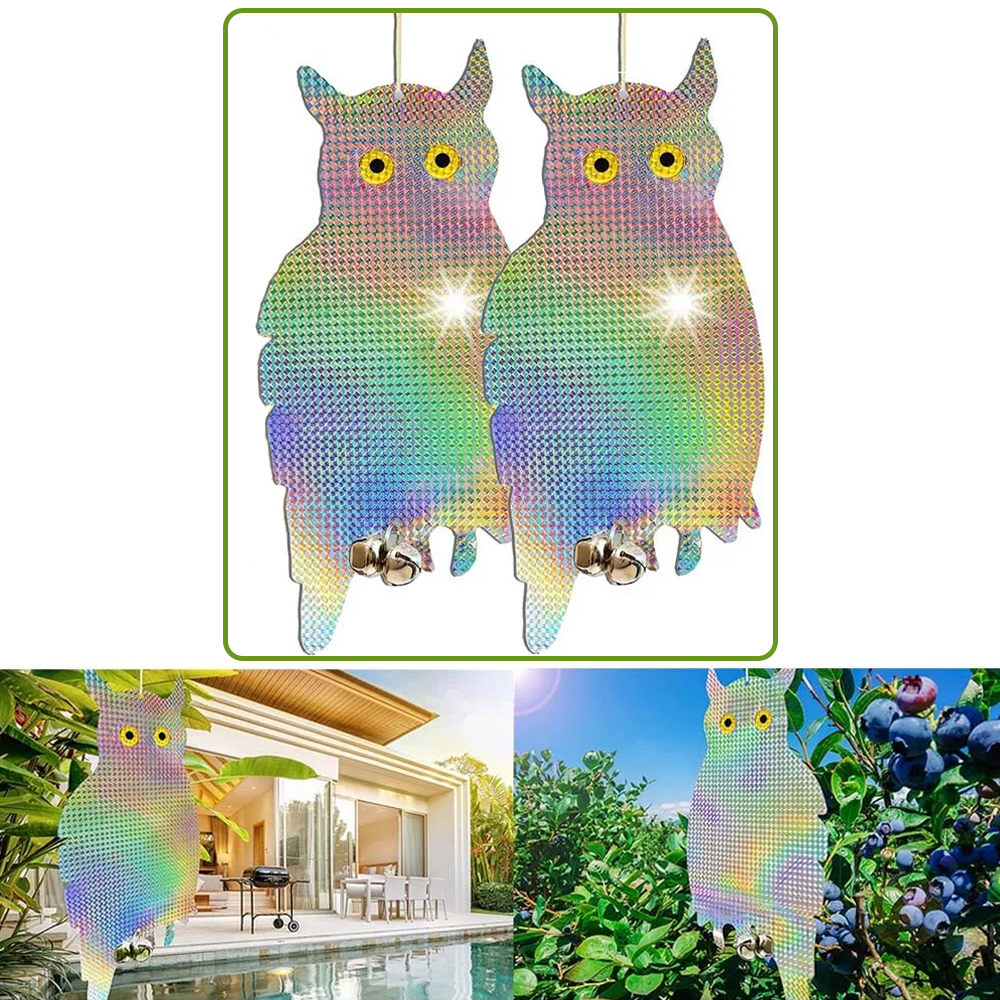 2 Pack Owl Decoy Scare, Hanging Reflective Fake Owl Woodpecker Bird Deterrent Control Device for Home & Garden