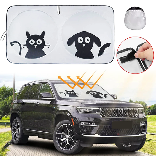 Foldable Car Windshield Sun Shade with Rearview Mirror Opening, Blocks UV Rays & Heat, Cartoon Printing