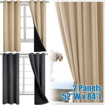 100% Blackout Window Curtain Panels, Sound & Full Light Blocking Drapes with Black Liner for Bedroom, 52" x 84" Thermal Insulated Draperies with Metal Grommets