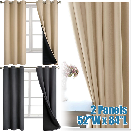 100% Blackout Window Curtain Panels, Sound & Full Light Blocking Drapes with Black Liner for Bedroom, 52" x 84" Thermal Insulated Draperies with Metal Grommets