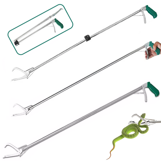 Heavy Duty Snake Tongs, Fixed / Foldable Reptile Grabber, Stainless Steel Catcher with Lock & Wide Jaw, Professional Rattle Handling Tool