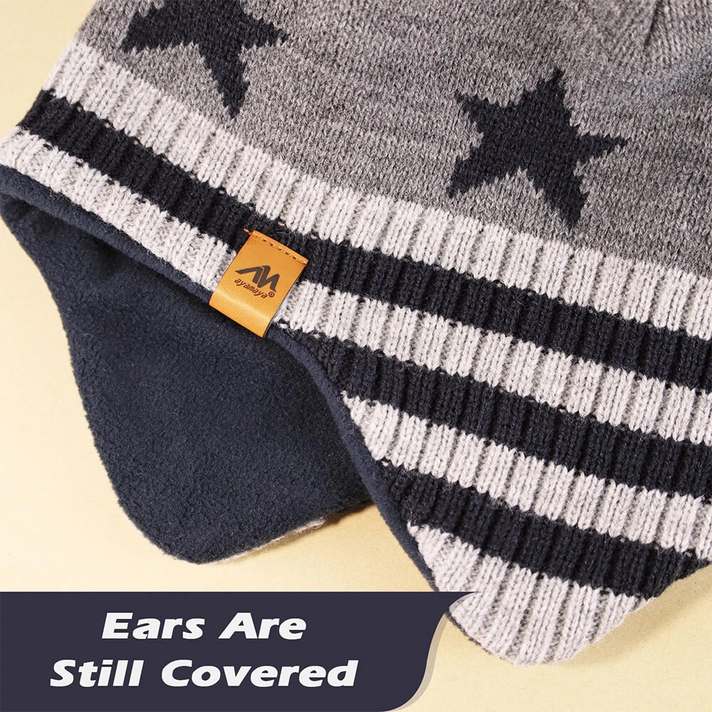 Kids Winter Knitted Hat Warm With Ear Flap Beanie Scarf Set Boys Girls Fleece
