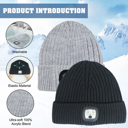 Warm Winter Knit Beanie Hat with LED Light USB Rechargeable Headlamp Cap