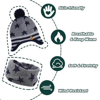 Kids Winter Knitted Hat Warm With Ear Flap Beanie Scarf Set Boys Girls Fleece