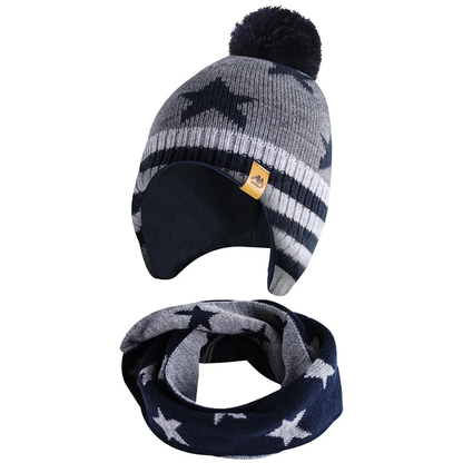 Kids Winter Knitted Hat Warm With Ear Flap Beanie Scarf Set Boys Girls Fleece