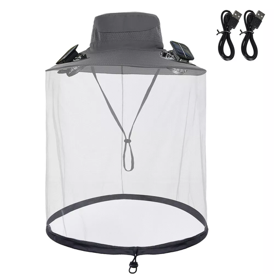 Wide Brim Solar Fan Outdoor Fishing Hat With 2 Solar Fan Mosquito Head Face Net