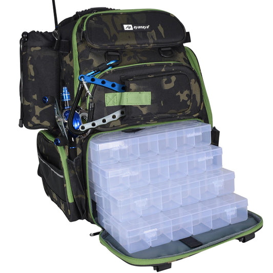 45L Fishing Backpack with 4 Tackle Boxes, Large Tackle Backpack with Rod Holders, Rubber Feet