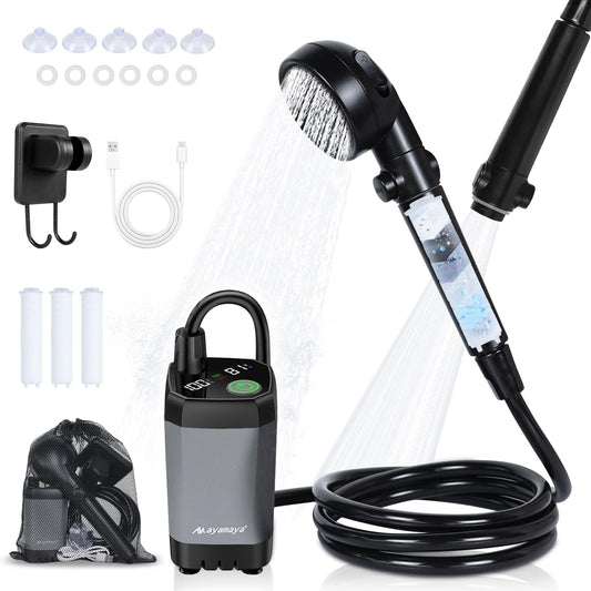 Portable Shower for Camping, 6000mAh Rechargeable Shower Pump with Filtered Shower Head