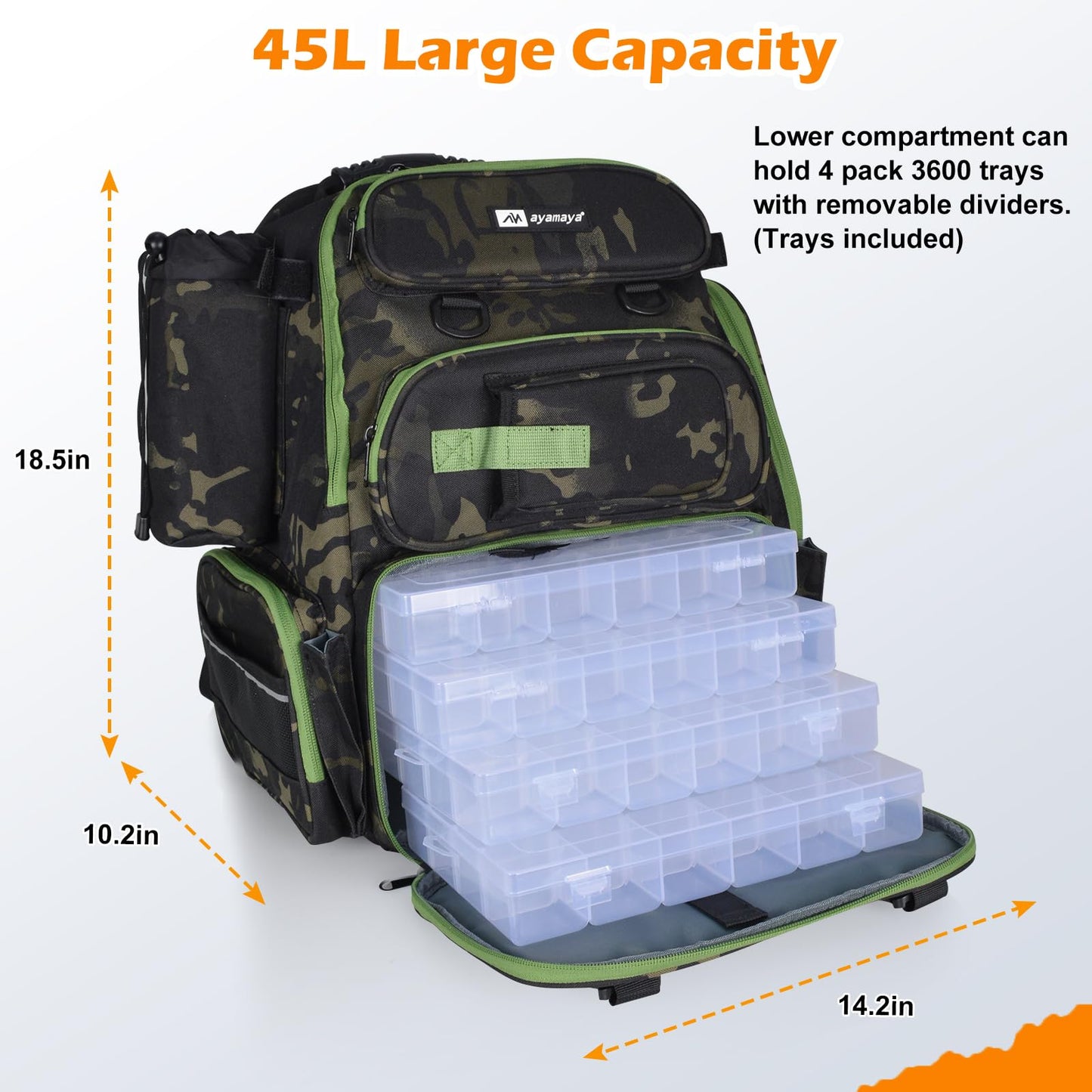 45L Fishing Backpack with 4 Tackle Boxes, Large Tackle Backpack with Rod Holders, Rubber Feet