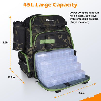 45L Fishing Backpack with 4 Tackle Boxes, Large Tackle Backpack with Rod Holders, Rubber Feet
