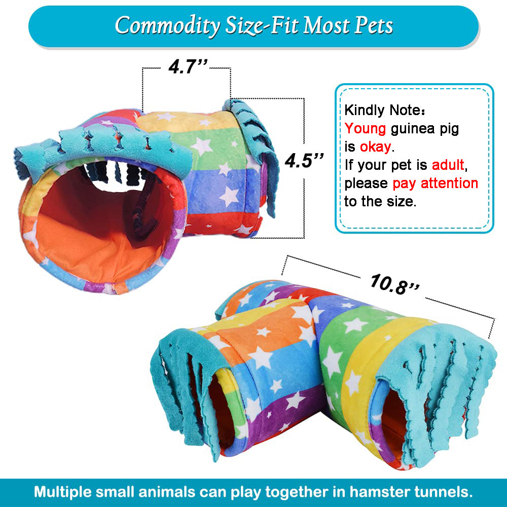 Guinea Pig Hideout Tunnel, Collapsible 3 Way Hamster Play Tubes with Fleece Forest Curtain