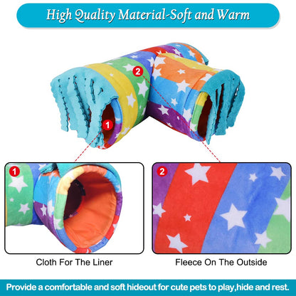 Guinea Pig Hideout Tunnel, Collapsible 3 Way Hamster Play Tubes with Fleece Forest Curtain