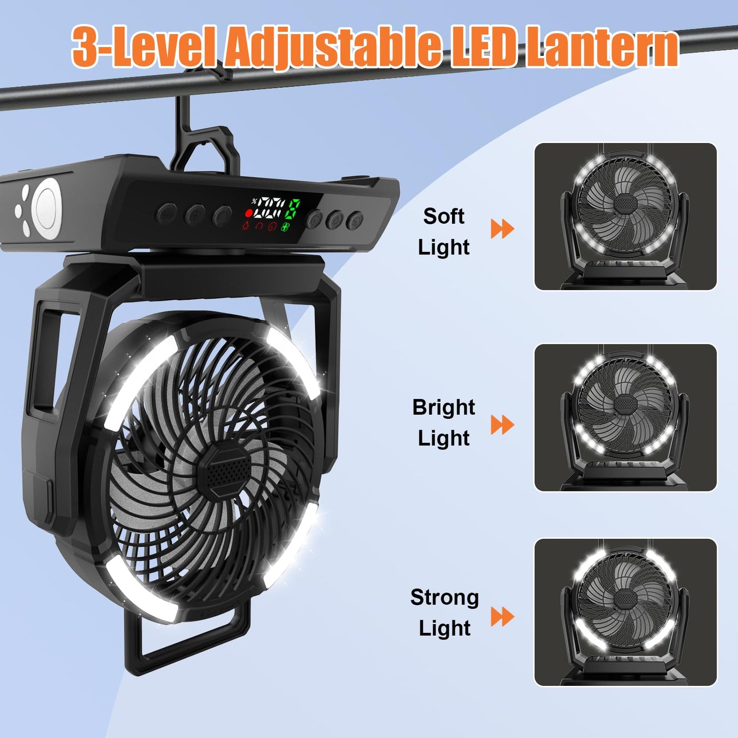 Camping Fan with Light, Rechargeable Tent Fan with Remote