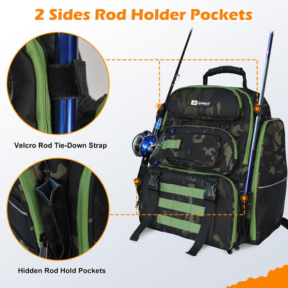 45L Fishing Backpack with 4 Tackle Boxes, Large Tackle Backpack with Rod Holders, Rubber Feet