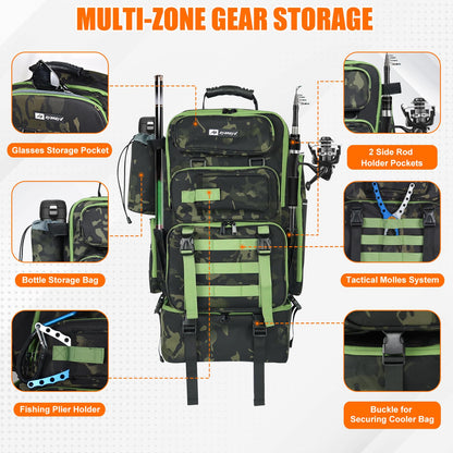 Fishing Backpack with Cooler, 45L Tackle Backpack with Rod Holders & Insulated Lunch Bag
