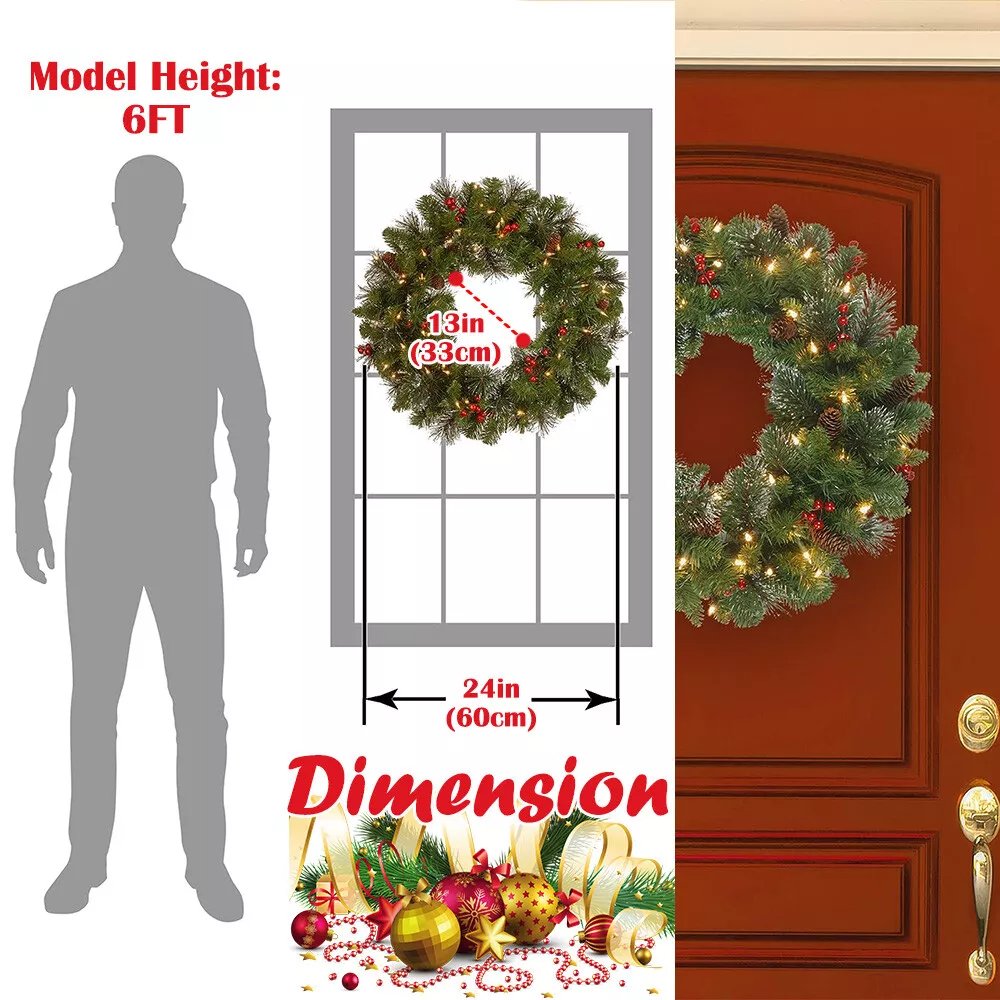 24in Pre-Lit Christmas Wreath Garland Decor for Home Front Door Wall Hanging