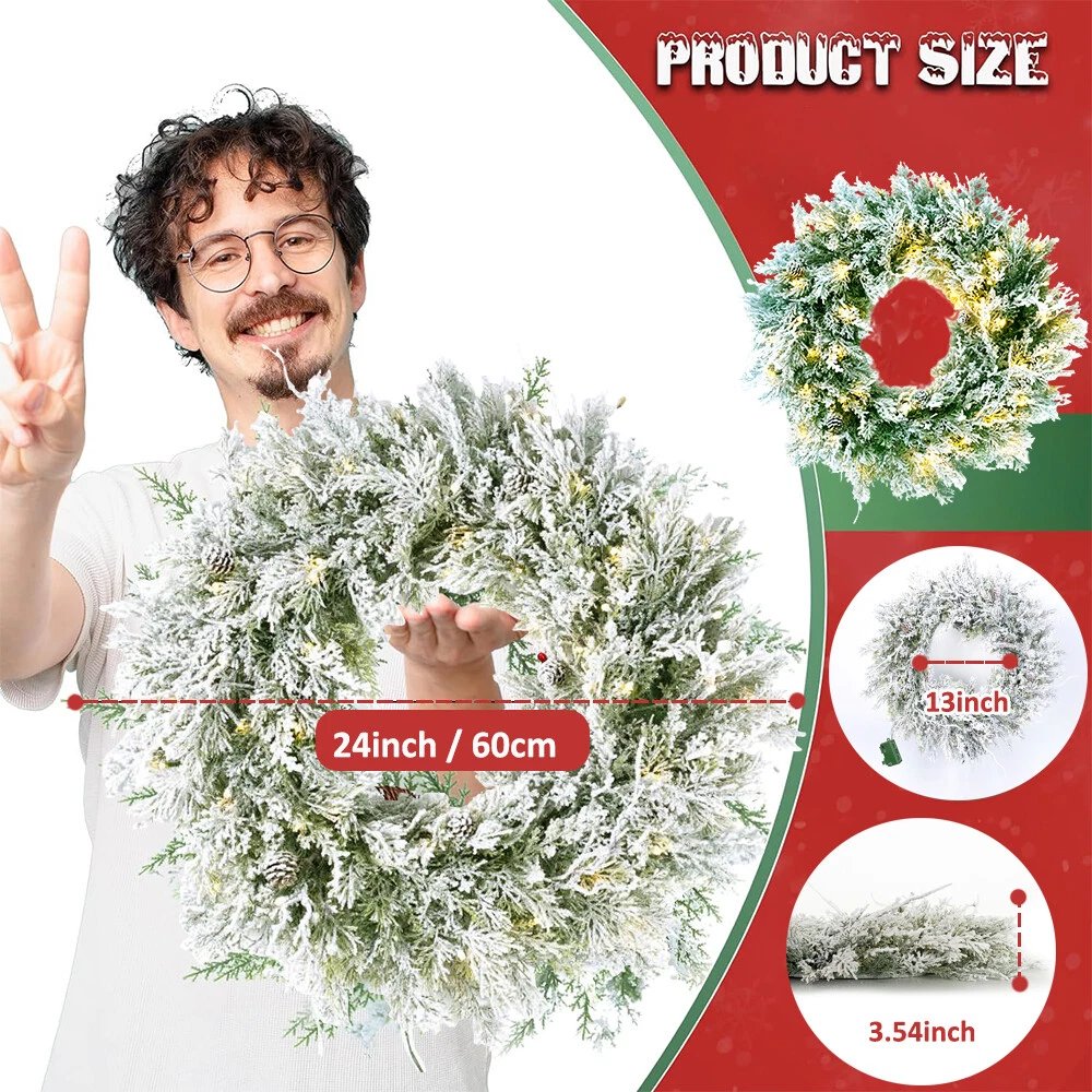 24in Pre-Lit Snow Flocked Christmas Wreath Garlands Artificial for Home Decor