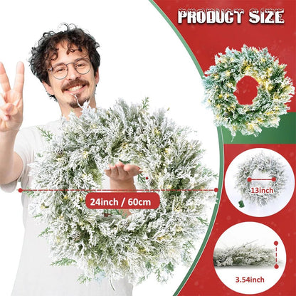 24in Pre-Lit Snow Flocked Christmas Wreath Garlands Artificial for Home Decor